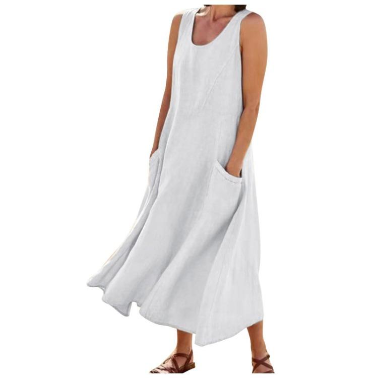 Cotton Linen Blend Summer Sleeveless Pocket Dress European American Style 19 Colors S