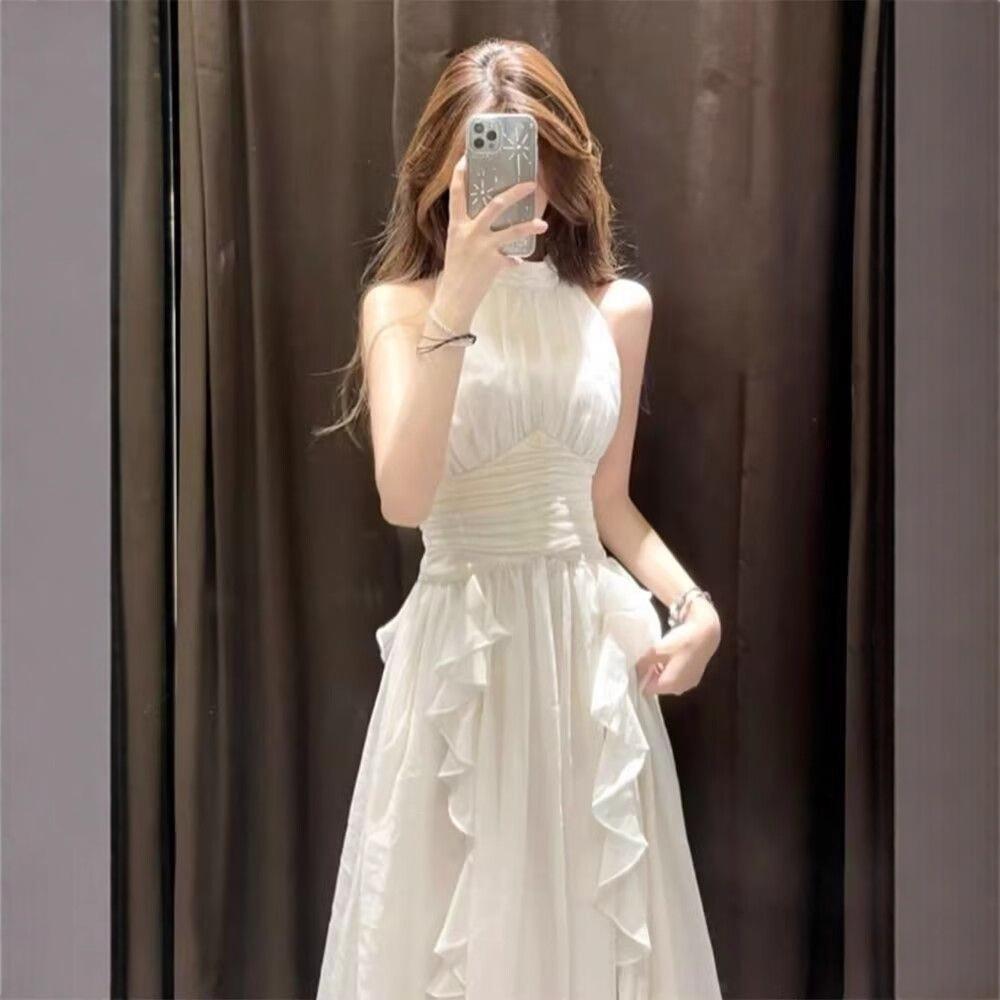 French ruffle edge sleeveless neck white dress summer high-end temperament seaside vacation fairy long dress
