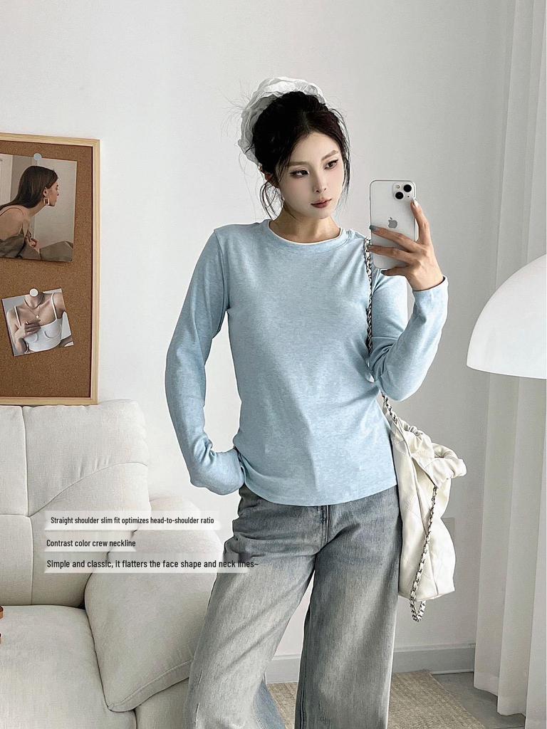 Women's Two-in-One High-Elastic Long-Sleeve Color-Block T-Shirt for Autumn/Winter