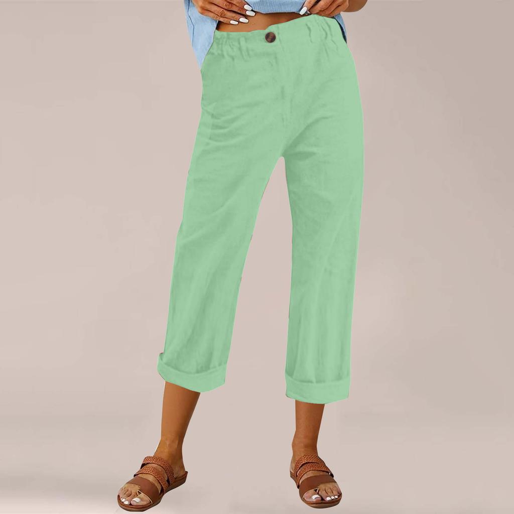 Women's Fashion Cotton-Linen Blend Loose-Fit High-Waisted Casual -Color Straight-Leg Pants