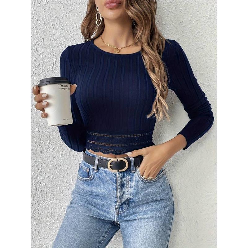 

Женская простая и универсальная футболка, кружевной облегающий короткий топ с длинными рукавами L темно-синий