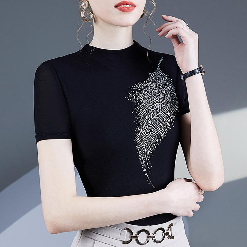 Fashion Mesh T Shirt With Rhinestone Embellishments For Summer Casual Womens Style
