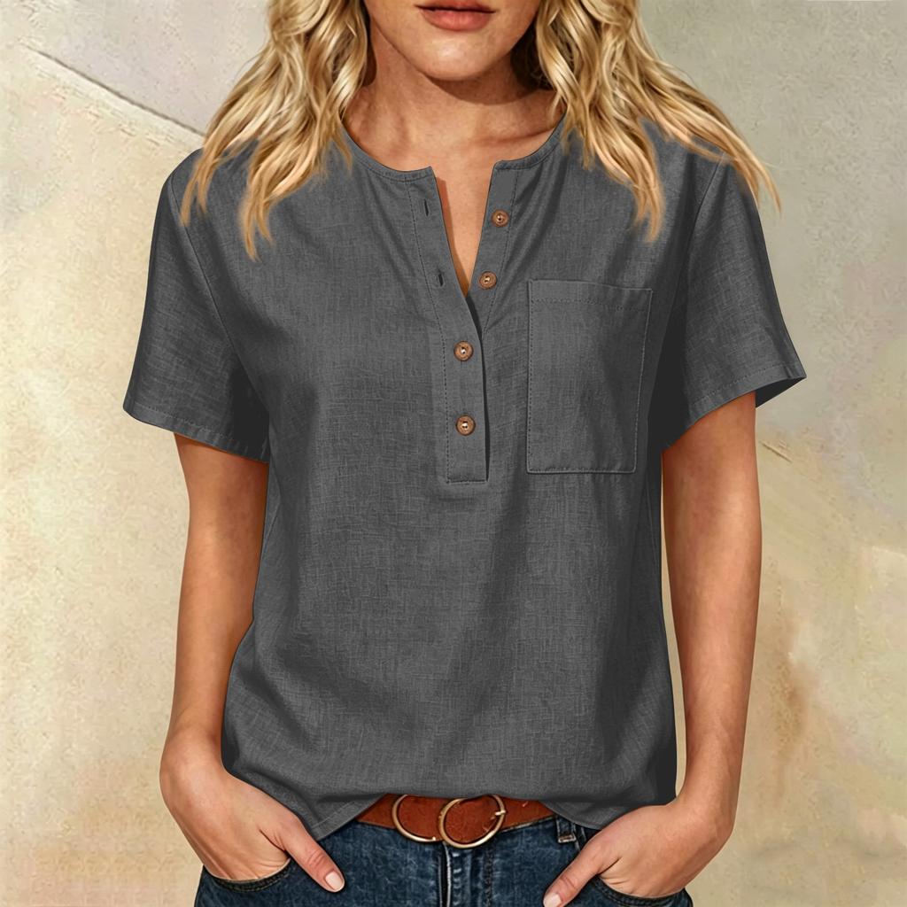 Women Short Sleeve Henley Neck Button Down Linen Cotton Shirt with Chest Pocket Relaxed Fit Casual Top Blouse for Daily Wear