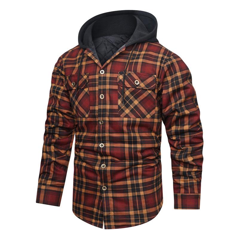 New Men's Jacket Autumn and Winter Thickened Plaid Shirt Long Sleeve Loose Hooded Shirt Men
