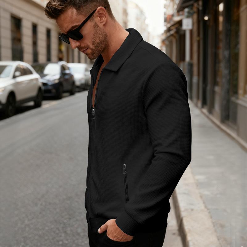 Men S Waffle Knit Zip Up Jacket With Pockets Lapel Casual Outerwear S
