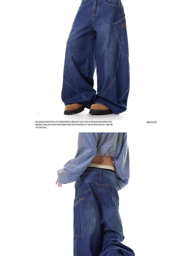 Unisex American Retro Wide-Leg Scimitar Jeans with Embroidered Pocket - Autumn Collection
