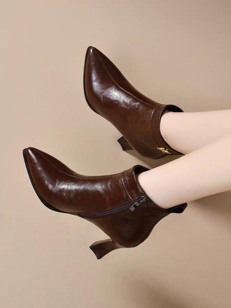 Autumn and winter new thin heel soft sole medium heel single boots pointed high heels short boots hand-scratched fashion boots