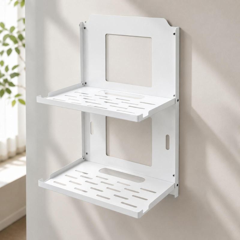 Folding Router Wall Shelf in Cold-Rolled Steel with Two Storage Levels and Cable Routing for Home Internet Devices