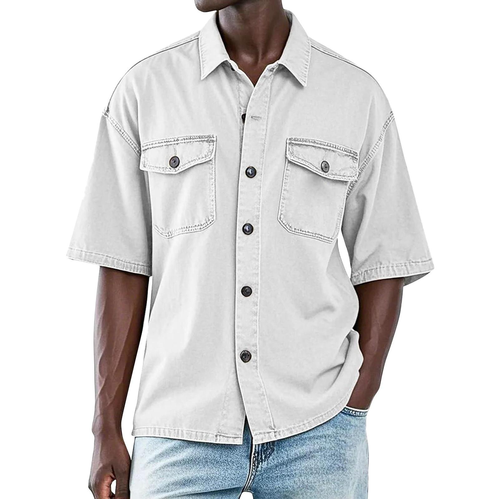 

Мужская летняя однотонная рубашка с лацканами и короткими рукавами, мужская повседневная модная рубашка с короткими рукавами XL белый