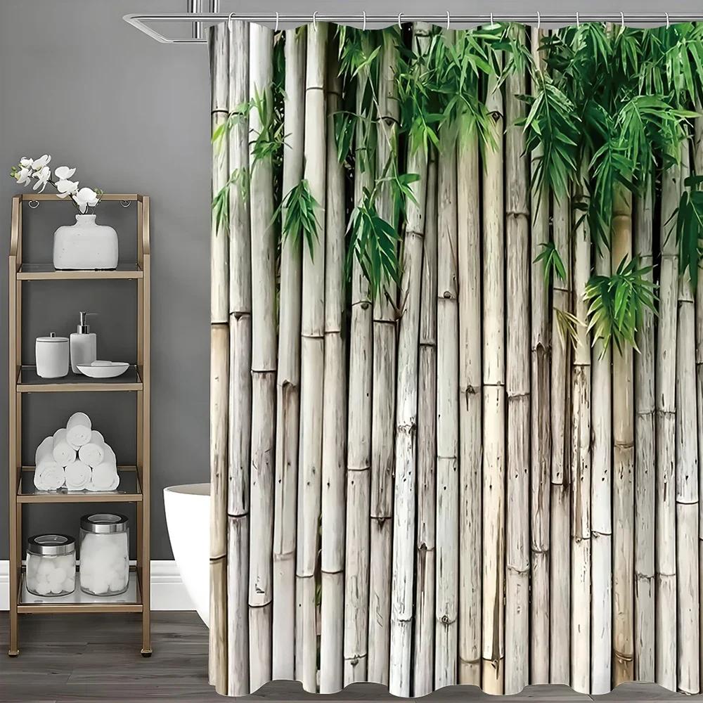 Tenda da Doccia Foglia Verde di Bambù, Tenda da Doccia Decorativa per Bagno, Tenda da Doccia Impermeabile con Ganci