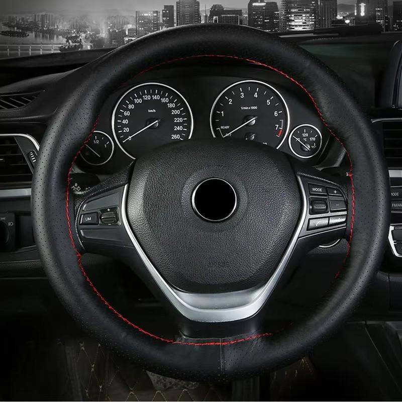 Perforated Genuine Leather Hand Stitched Car Steering Wheel Cover 38cm Steering Wheel Protector With Needle Thread