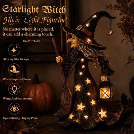 Gothic Witch Sculpture 2Pcs Halloween Night Lamp, Holding Lantern Figurine with Resin Decor LED, Glowing Statue for Tabletop Home