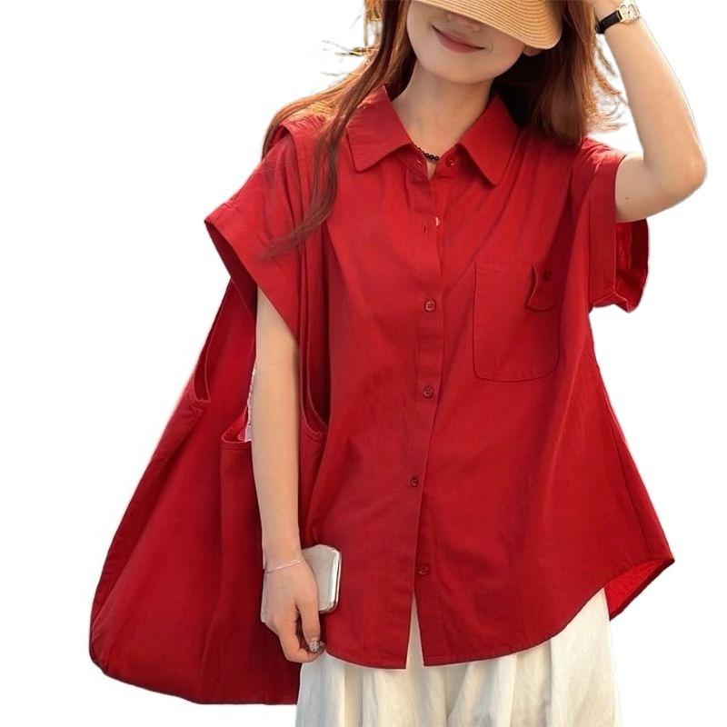 Solid Color Women's Shirt Korean Version Turndown Collar Button Ladies Small Fly Sleeve Blouse Summer Fashion Versatile Famale Loose Top