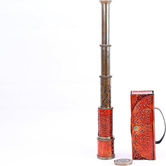 12x Telescope, Functional Handcrafted  Pirate Spyglass with Imprinted Leather Case, Travelers Adventure Collectible 43.18 Cm