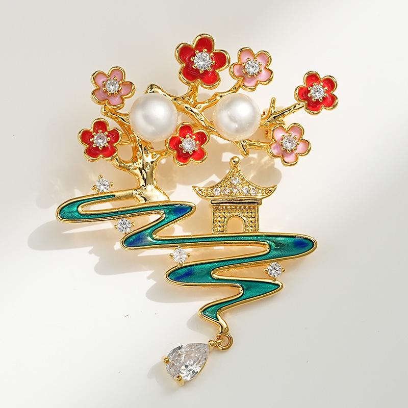 Bo Xin Yun Chinese Freshwater Pearl  Enamel Peach Blossom Brooch - Retro Style Pin for Clothing