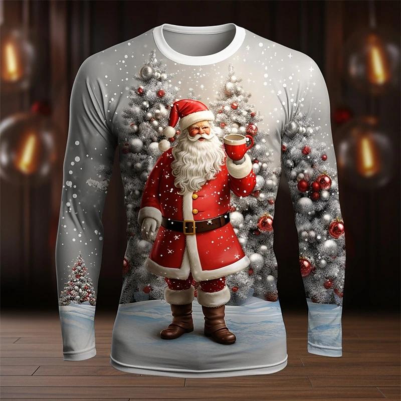 Christmas Men's Santa Claus Graphic Long Sleeve T Shirt Crew Neck Casual Tee Shirt New In Sports Tshirts For Men