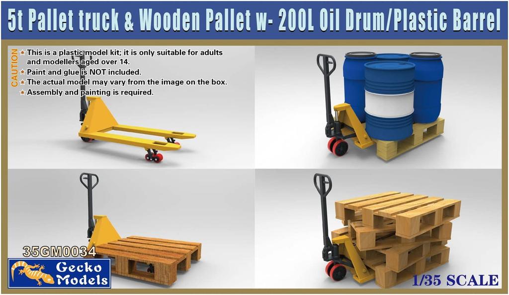 Gecko Model 5t Hand Forklift with Wooden 200L Drum and Plastic Plastic GEC35GM0034 1/35 Pallet, Drum, Model,