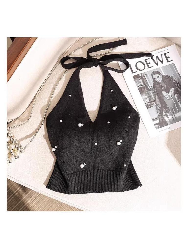 French Beaded Halter Camisole: Slim-Fit, Off-Shoulder, Knit Top for Women - Perfect Summer Wear