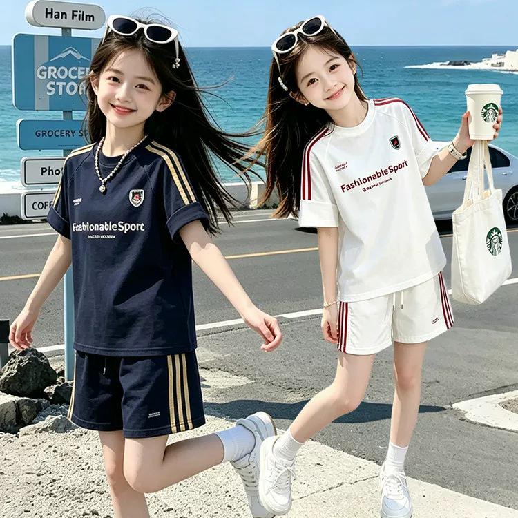 Korean Style Girls' Casual Summer Sportswear Set: Short Sleeve Top & Shorts