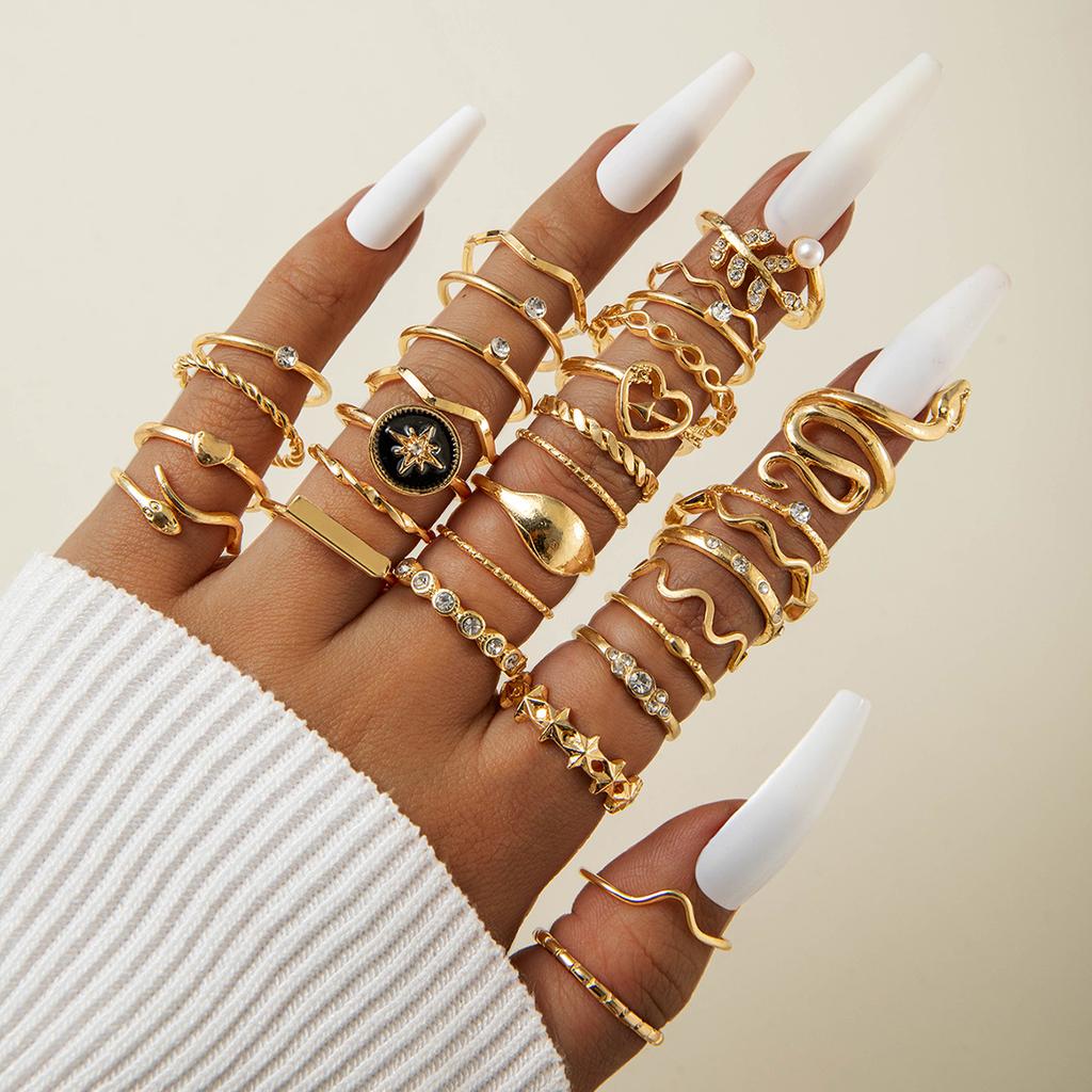 Fashion Jewelry Vintage Carved Sun Feather Cross Black Gemstone Ring Multi-piece Set Set