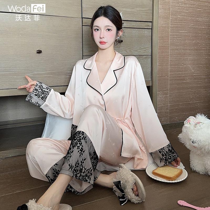 New Chinese style lace long-sleeve pants can be worn out, loungewear, new high-end ice silk pajamas for spring and autumn