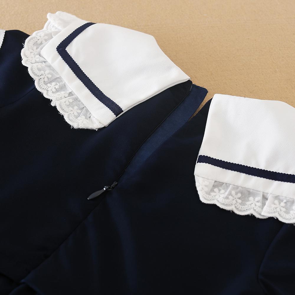 Girls Summer Dress 100% Cotton Navy Blue Clothes for Kids Aged 2-6 Years with White Collar Short Sleeves Children Dresses