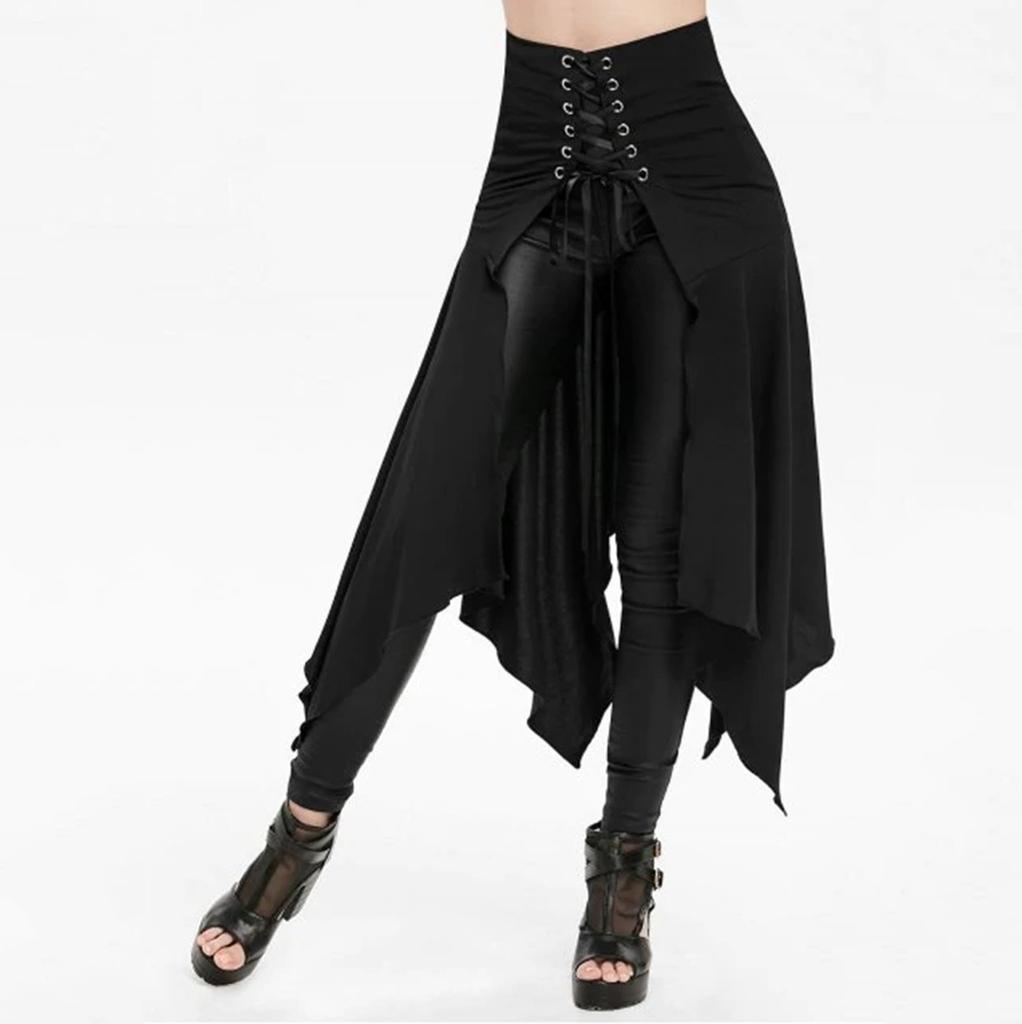 Kadın Cadılar Bayramı Gotik Punk Asimetrik Dantel-up Yarık Ön Etek A-Line Etek