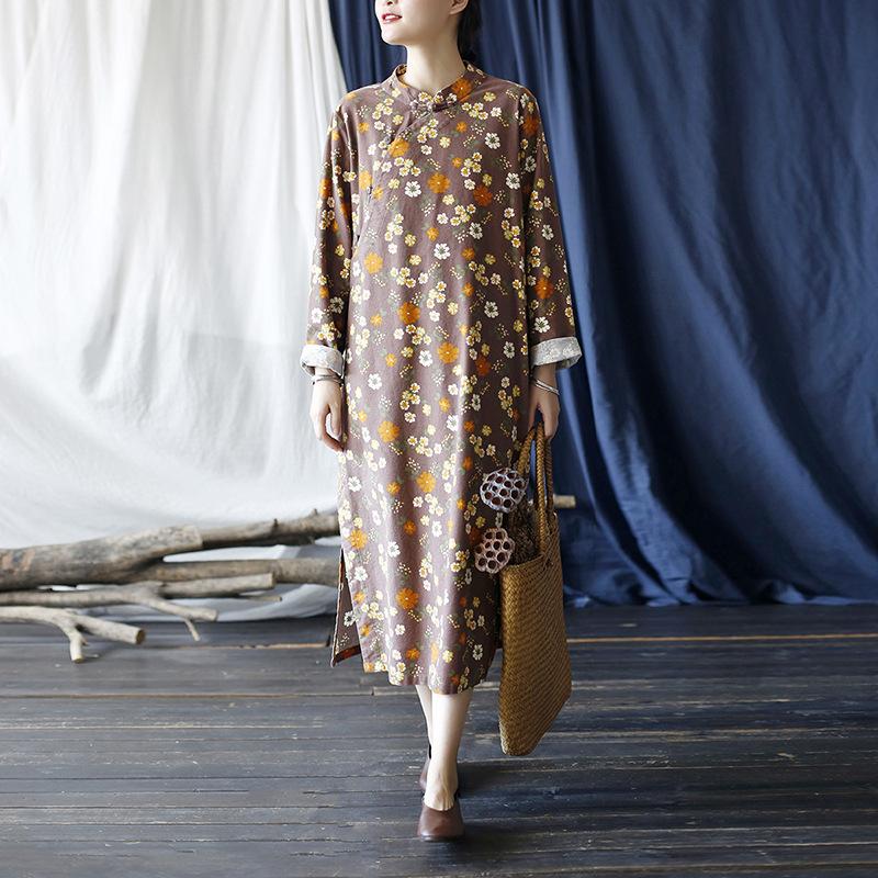 Johnature Women Chinese Style Dress Stand Long Sleeve Print Floral Autumn A-Line Vintage Women Dress
