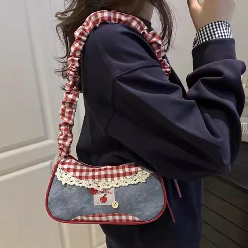 Borsa a mano coreana a blocchi di colore Borsa a tracolla in denim a quadri rossi e patchwork Borsa a tracolla in pizzo Y2k Borsa quadrata piccola con cerniera da ragazza dolce