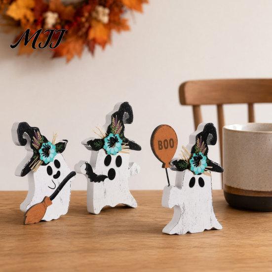 Halloween Decorations 3Pcs Decoration, Black Cat Ghost Witch Hat Table Decor, Party Decor Rustic Farmhouse Wooden Centerpieces for Home Office Tiered