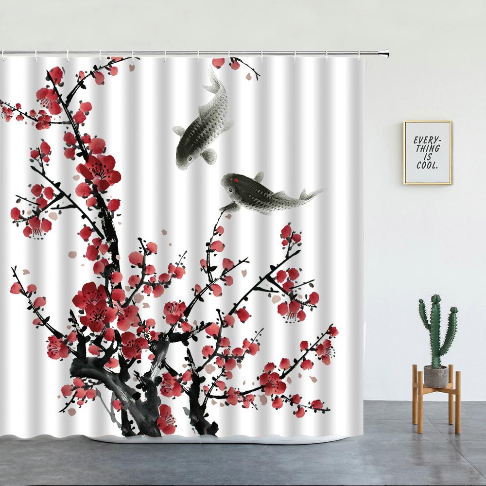 Japanese Scenery Shower Curtains Koi Carp Fish And Cherry Blossom for Bathroom Decor Set Washable Fabric Bath Screen With Hooks