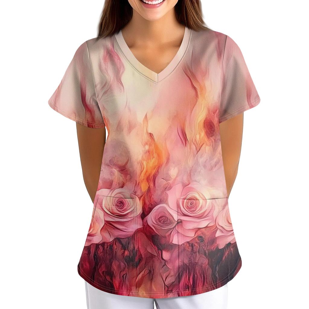 Women's Floral Print Loose Fit V Neck Short Sleeve Work Scrub Top with Pockets for Healthcare Professionals Nursing Uniform