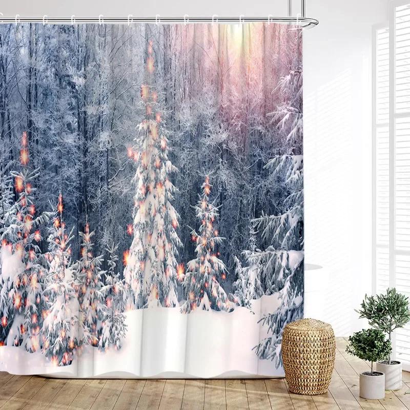 Christmas Reindeer Shower Curtain Winter Xmas Trees Full Moon Moose New Year Home Bathroom Decoration Bath Curtains