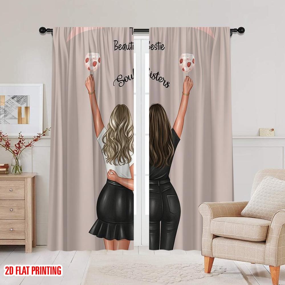 2pcs,2D Plane Printing Minimalist Curtains Birthday Soulmates Polyester Fabric (without Rod) Decorations For Home Use for