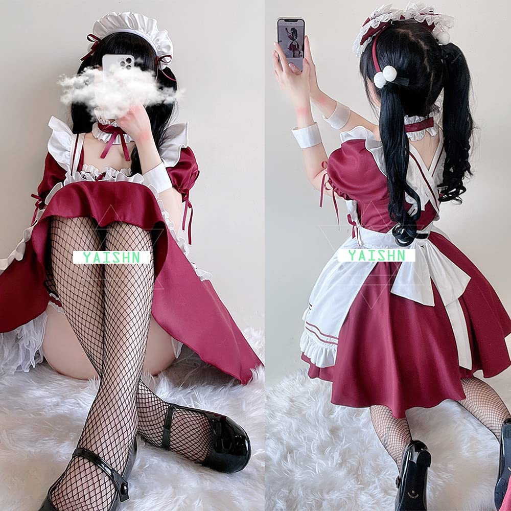 YAISHN Gothic Lolita Maid Halloween Short Bow Pink or Includes Knitted Tights and Headband Outfit, Cute, Popular, Costume, Women's, Cosplay, Sleeves,
