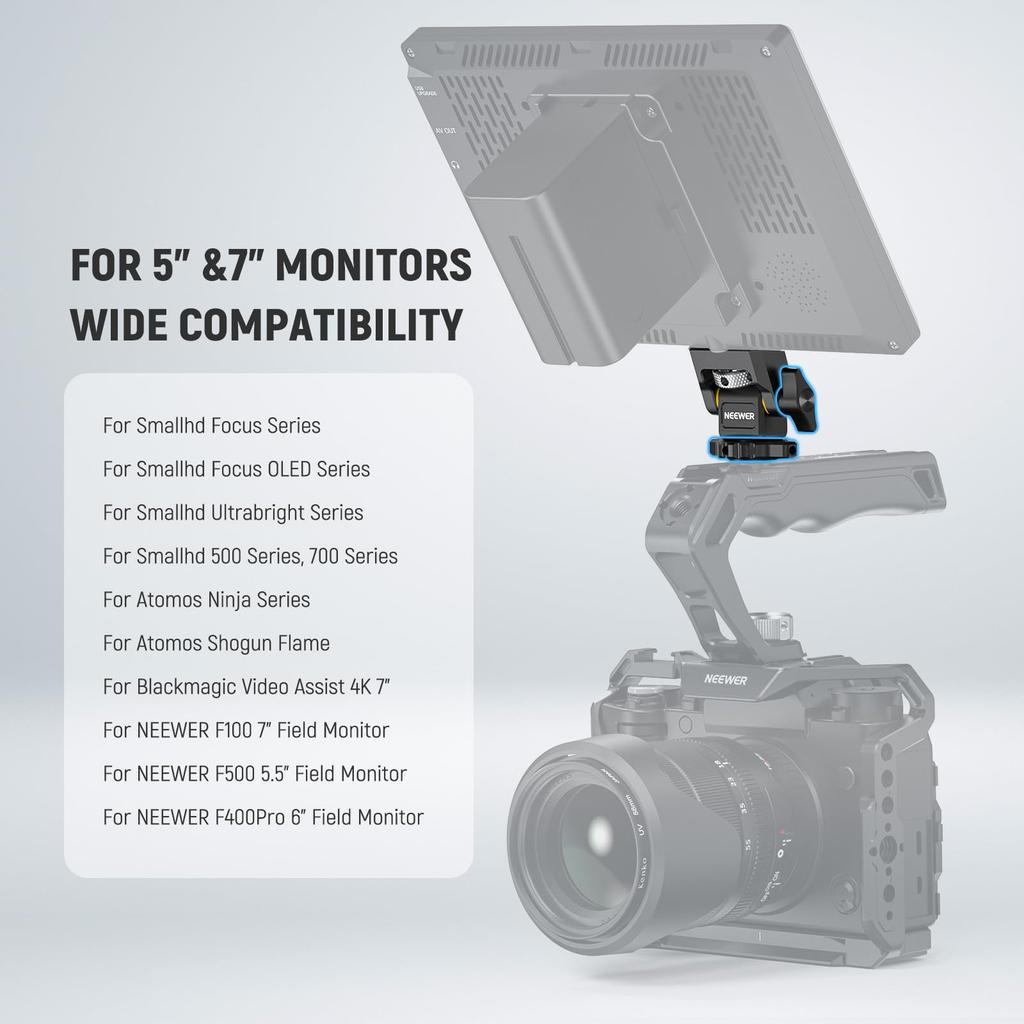 NEEWER Kameramonitorhalterung mit Cold Shoe für den Außeneinsatz Kompatibel mit Ninja Rotation Neigbar Verstellbar MA006 Schuh, Verdrehsicherer 1/4" Schraube, 5"-7" Monitore, V,