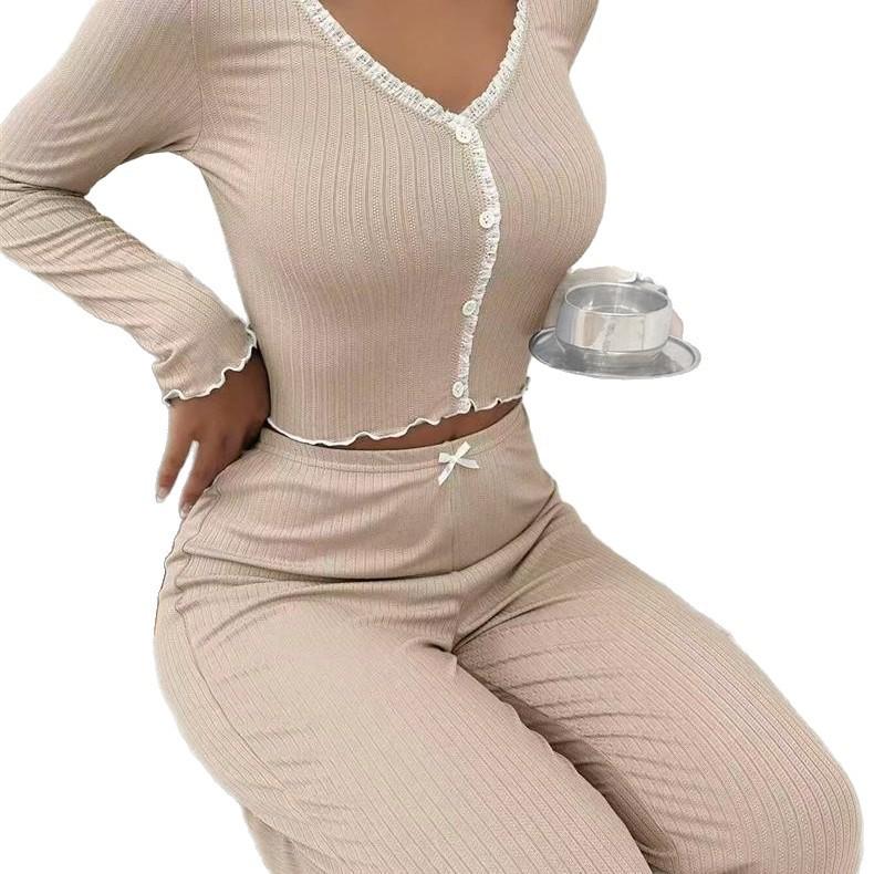 European & American Lace Long Sleeve Pajama Set - Slim Fit