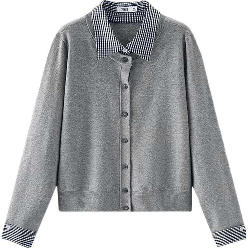 Semir Women's Plaid Shirt Collar Knitted Cardigan