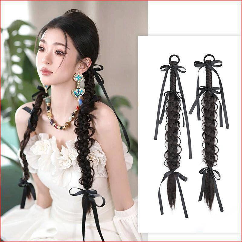 

New Chinese Bride False Braids Female Xiuhe National Style Fishbone Plaits Morning Gowns Braided Hair Modeling Ribbon Wig Horse Tail Guofeng Fish Bone Braid-Nature Black [Pair]]
