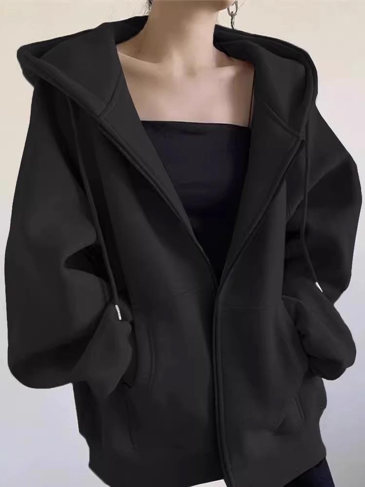 Solid Color Women's Hooded Fleece-Lined Cardigan Jacket - American Retro Lazy Style for 2025 Autumn/Winter