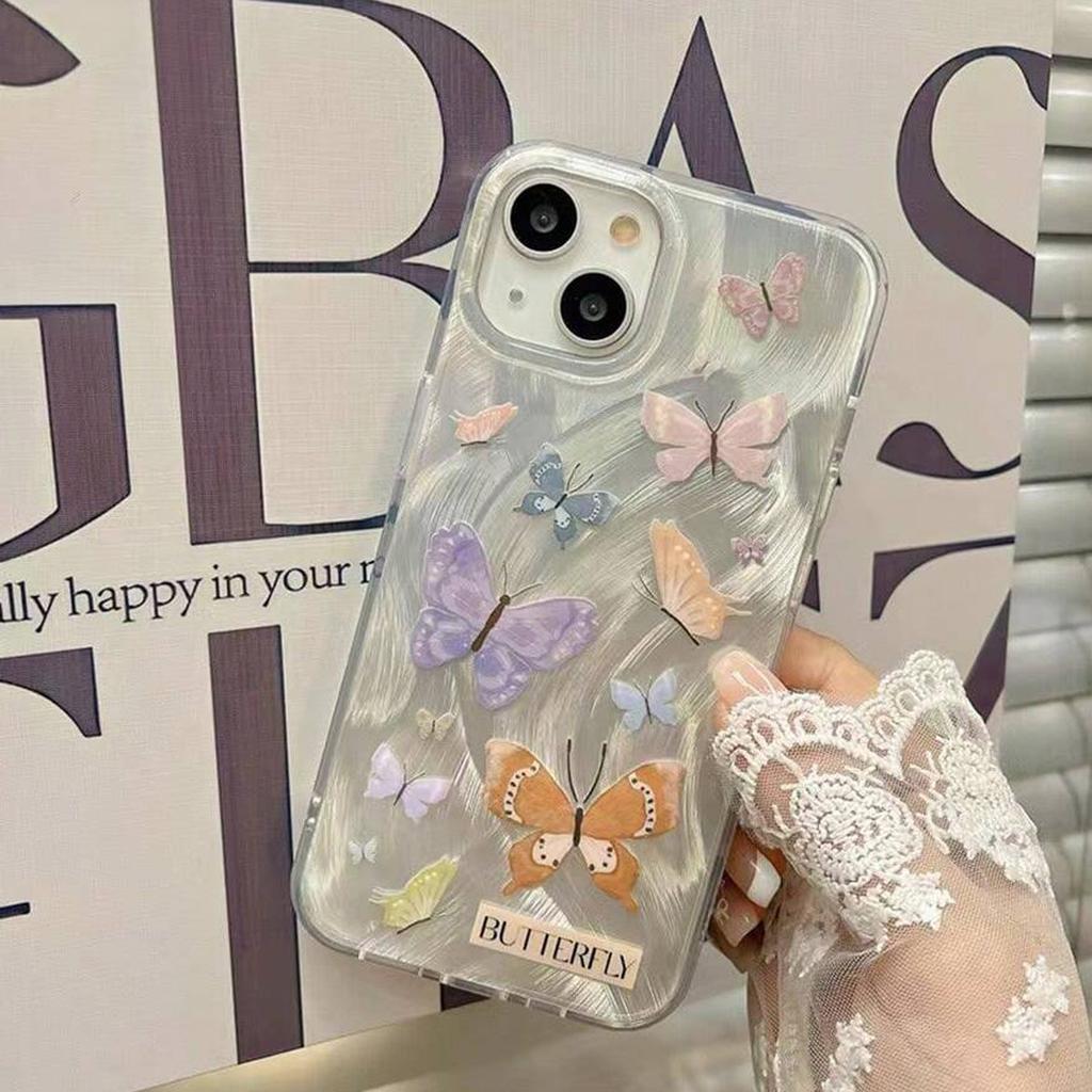 Colorful Butterfly Feather Phone Case For iPhone 15 14 13 12 11 Plus Pro Max Cartoon Strawberry Pattern Phone Case