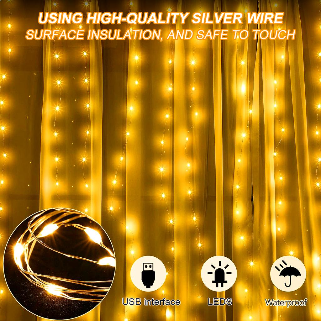 1pc Curtain Lights, 300 LED Curtain Fairy String Lights With Remote, USB 8 Modes 9.8 × 9.8 Ft , Waterproof, Window Room Decor