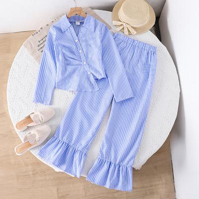 Girls' Set 2025 Autumn Children's Irregular Waist-cinched Long-sleeved Shirt Casual Striped Flared Pants