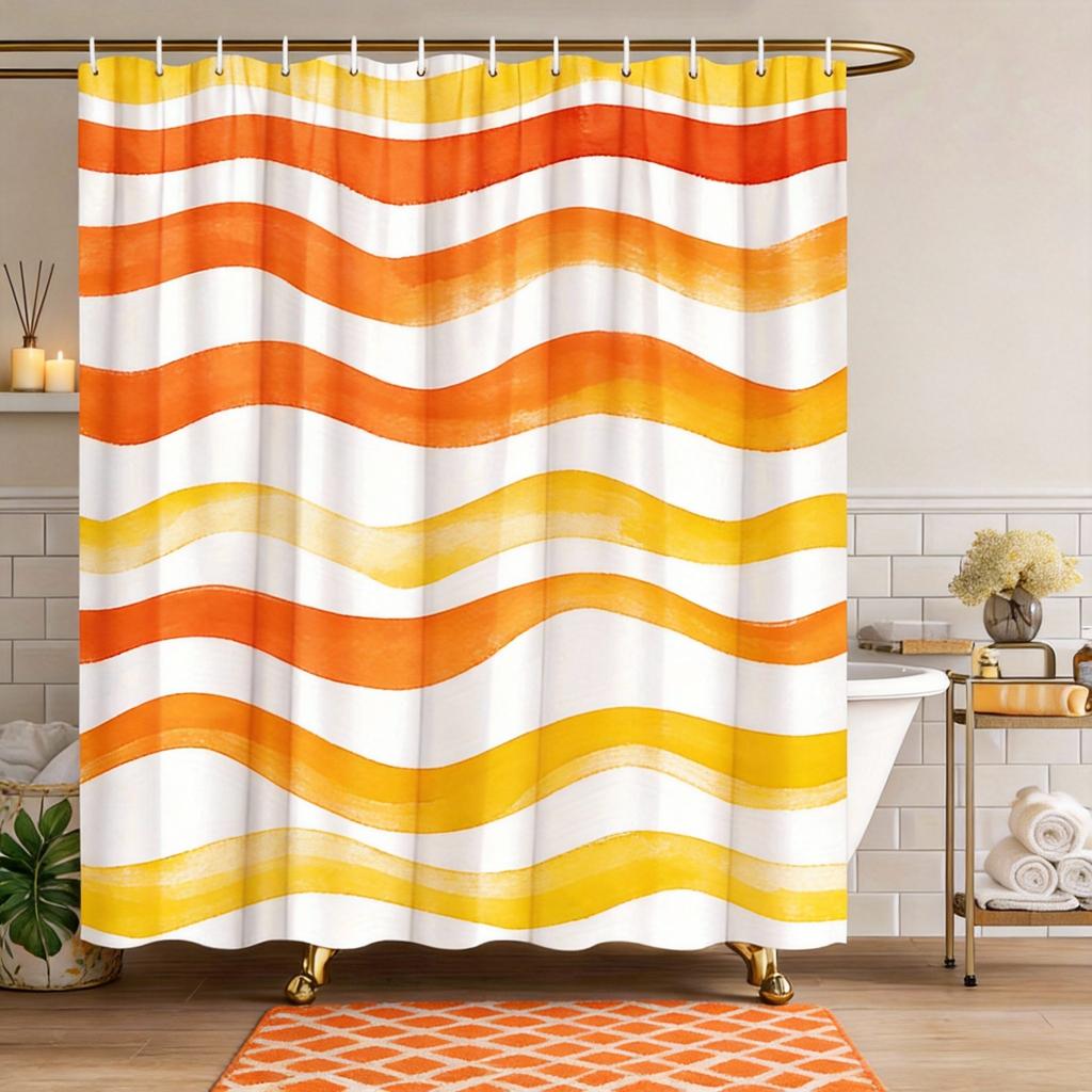 Wave Shower Curtain Teal Aqua Watercolor Stripes Polyester Bath Curtain with Hooks for Modern Minimalist Decor