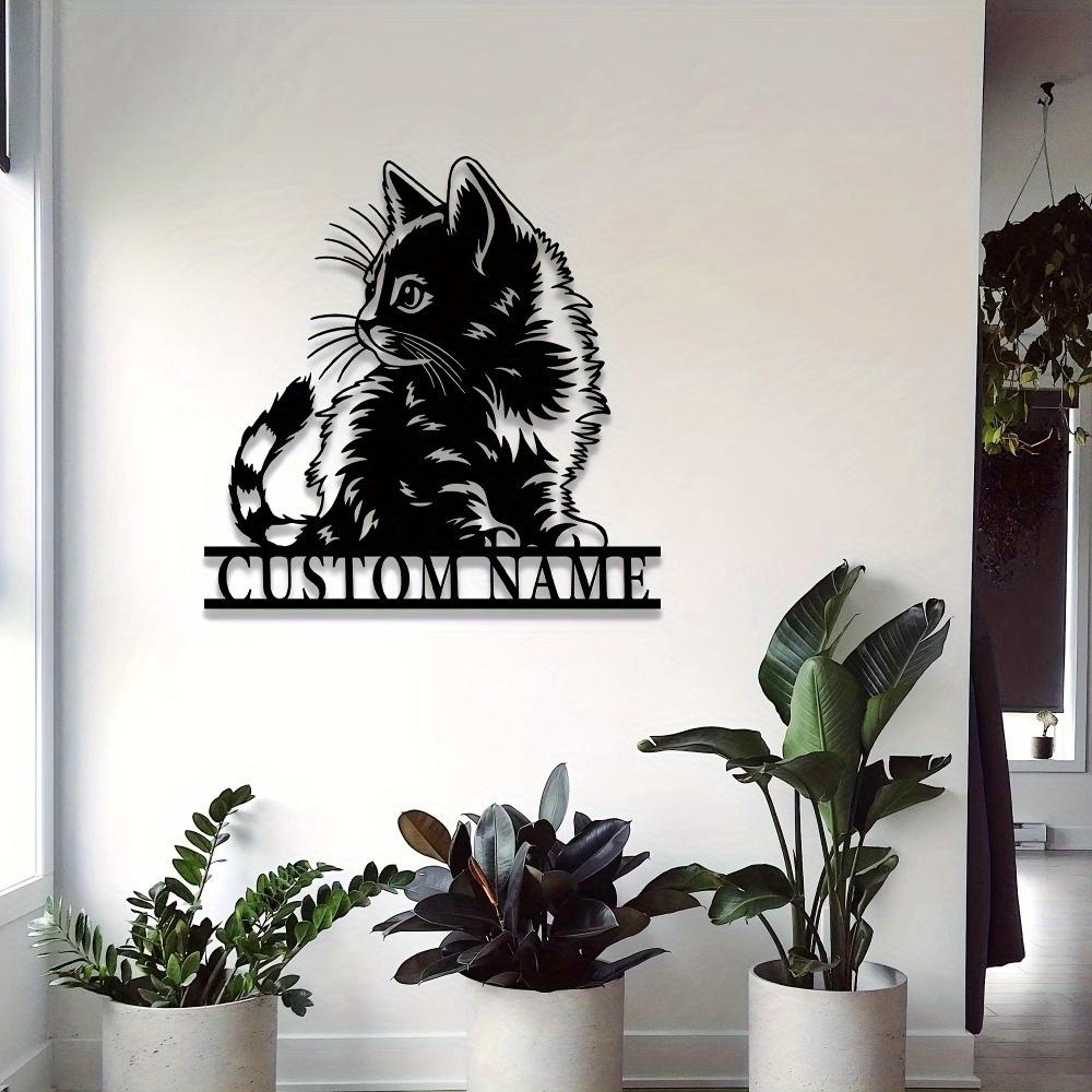Unique Black Cat Metal Wall Art Customizable Family Name Matte Finish Easy Removal Decor