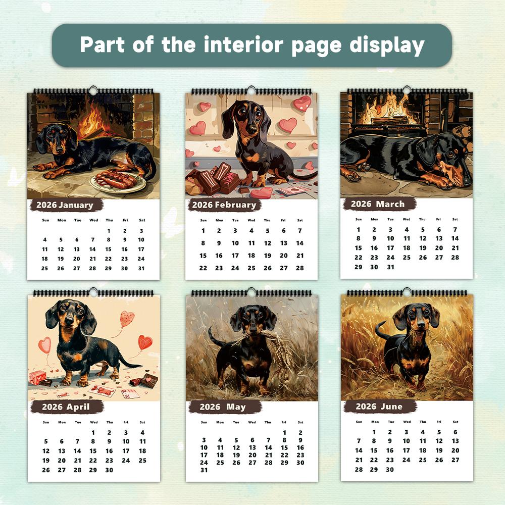1pc, 2026 Dachshund/Pet Dog Theme Calendar, 12 Different Designs, Wall Calendar, Birthday, Christmas, New Year Gift, US Standard