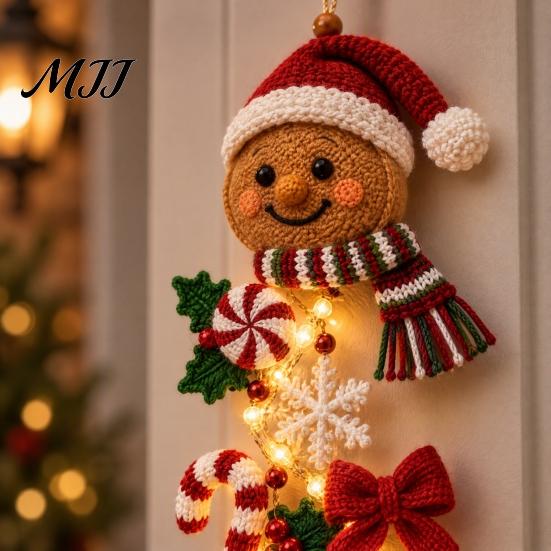 Warm Glowing Christmas Wall Decorations Door Hanger, Quilted Fabric Santa Snowman Tree Gingerbread Hanging Outdoor Porch Decoration for Holidays Light