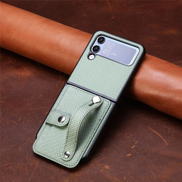 For Samsung Z Flip 4 Portable Wristband Carbon Fiber Case For Samsung Galaxy Z Flip 4 5 5g Flip4 Zflip4 Card Holder Bag