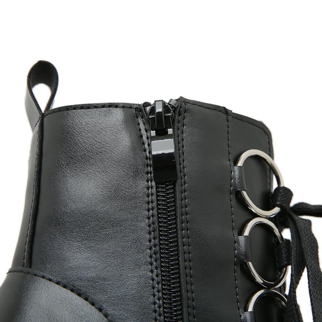 Gdgydh Solid Color Block Heeled Boots for Women Fashion Lace Up Side Zipper Ankle Boots Platform Goth Shoes Metal Decor