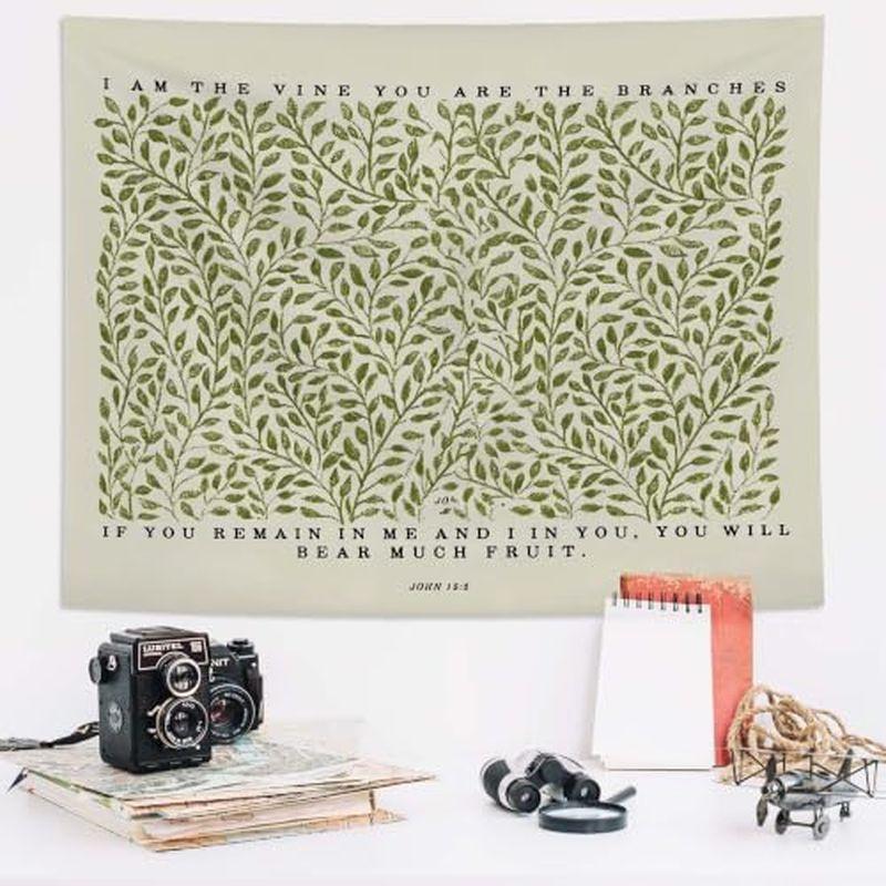 Vine John Gospel Scripture Tapestry, Christian Green Leaf Bible Quotes Wall Hanging, Retro Home Decoration